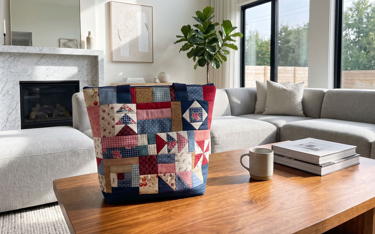 Bolsa em patchwork com várias técnicas, feita à mão