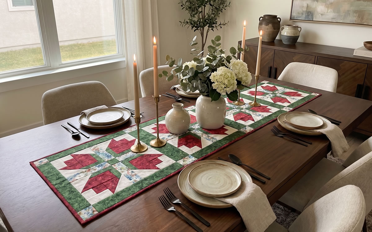 Caminho de mesa em patchwork com tulipas, em uma mesa posta
